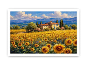 Impressionist sunflower field with rustic villa landscape wall art canvas