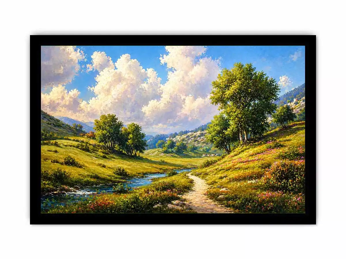 Impressionist sunflower field with rustic villa golden canvas wall art