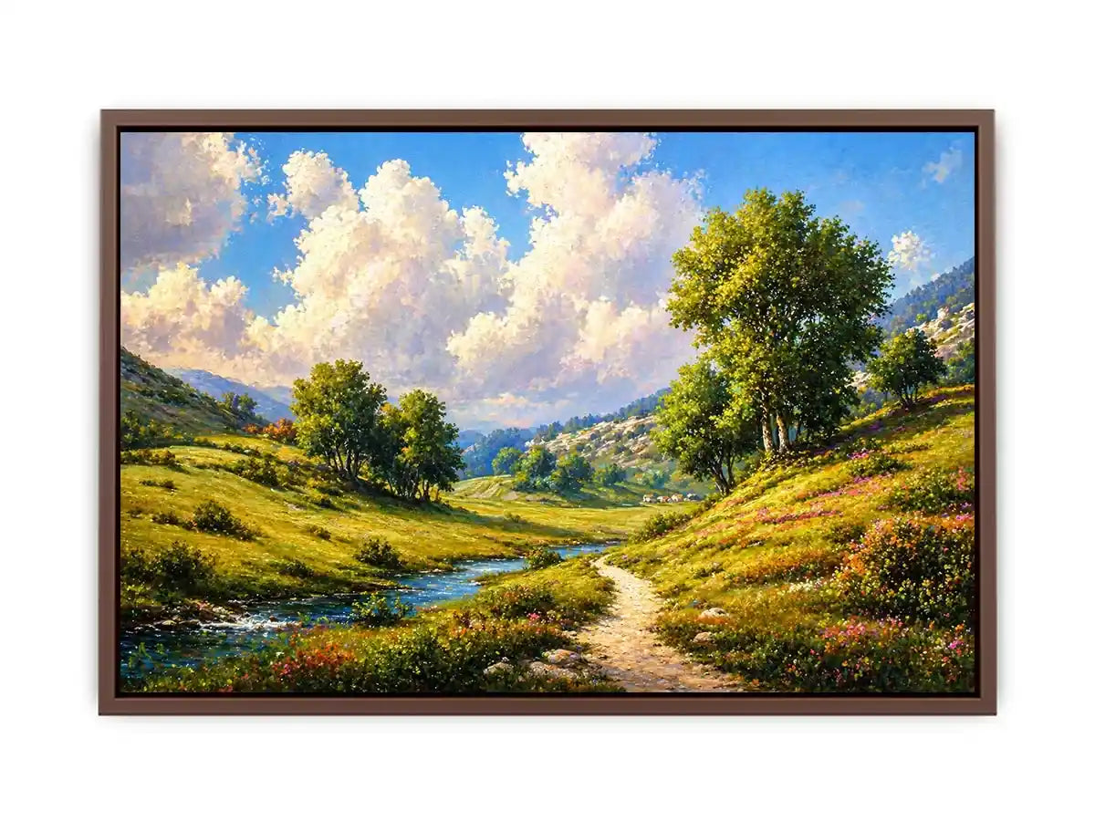 Impressionist sunflower field with rustic villa golden canvas wall art