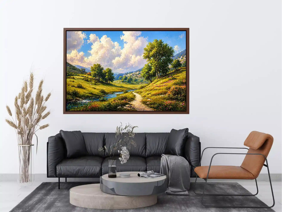 Impressionist sunflower field with rustic villa golden canvas wall art