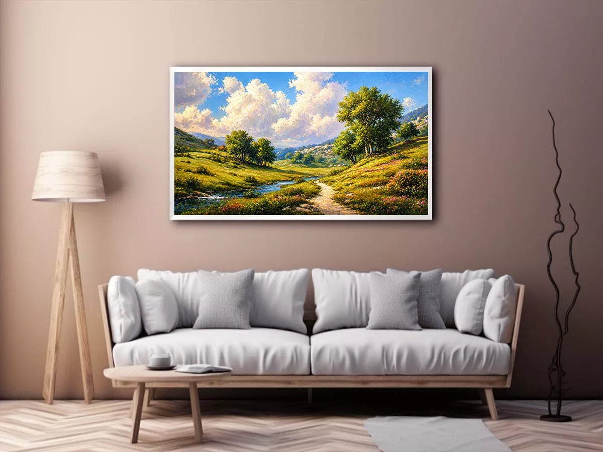 Impressionist sunflower field with rustic villa golden canvas wall art