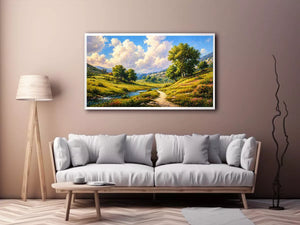 Impressionist sunflower field with rustic villa golden canvas wall art