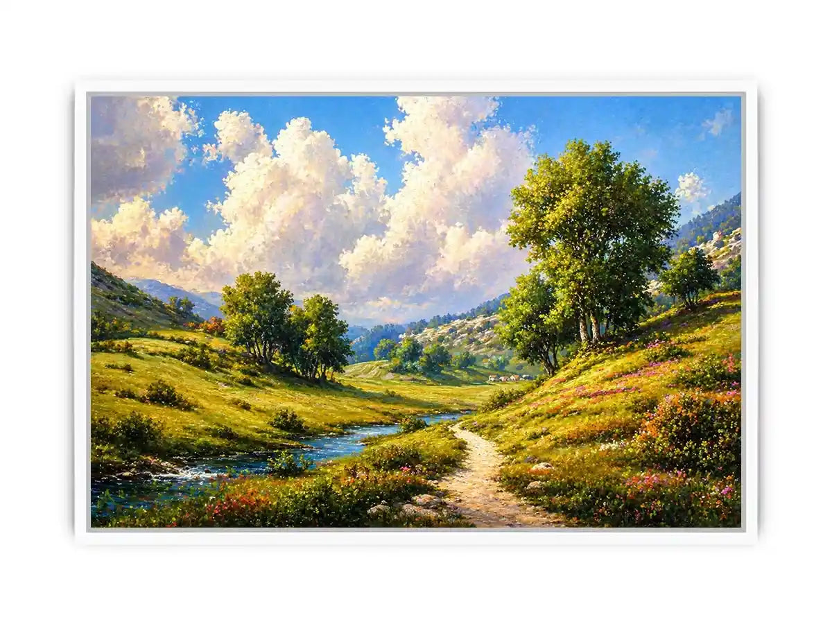 Impressionist sunflower field with rustic villa golden canvas wall art