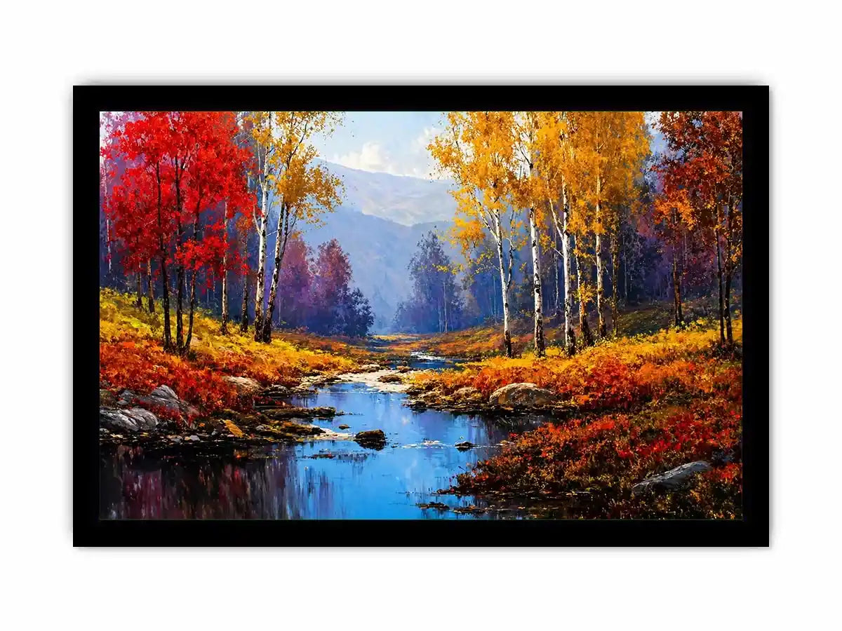 autumn forest river landscape warm glowing trees canvas wall art