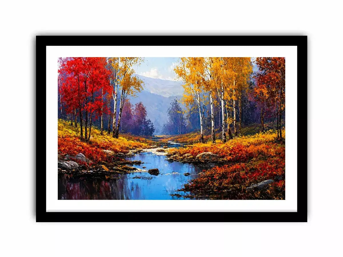 autumn forest river landscape warm glowing trees canvas wall art