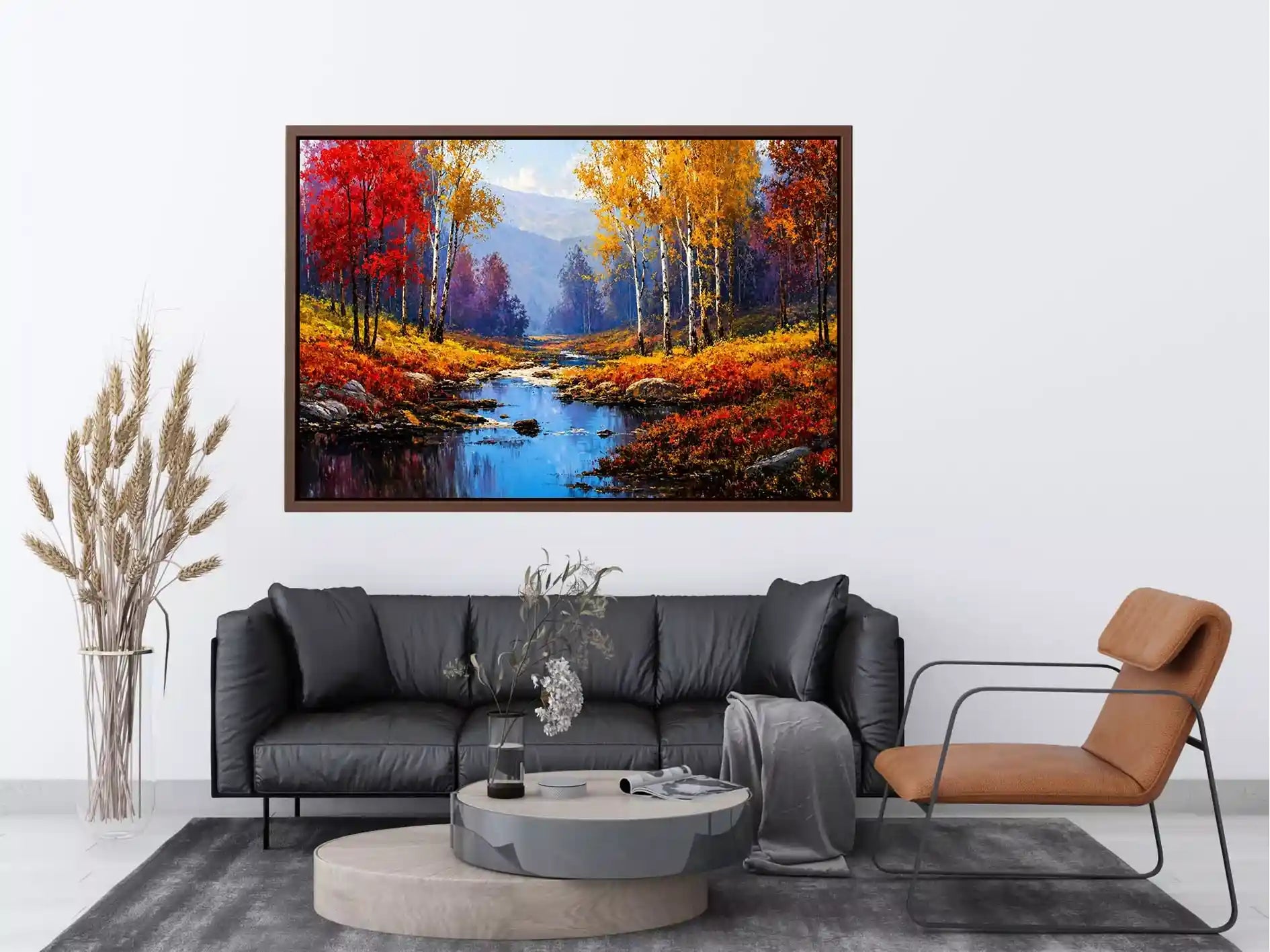 autumn forest river landscape warm glowing trees canvas wall art