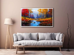 autumn forest river landscape warm glowing trees canvas wall art