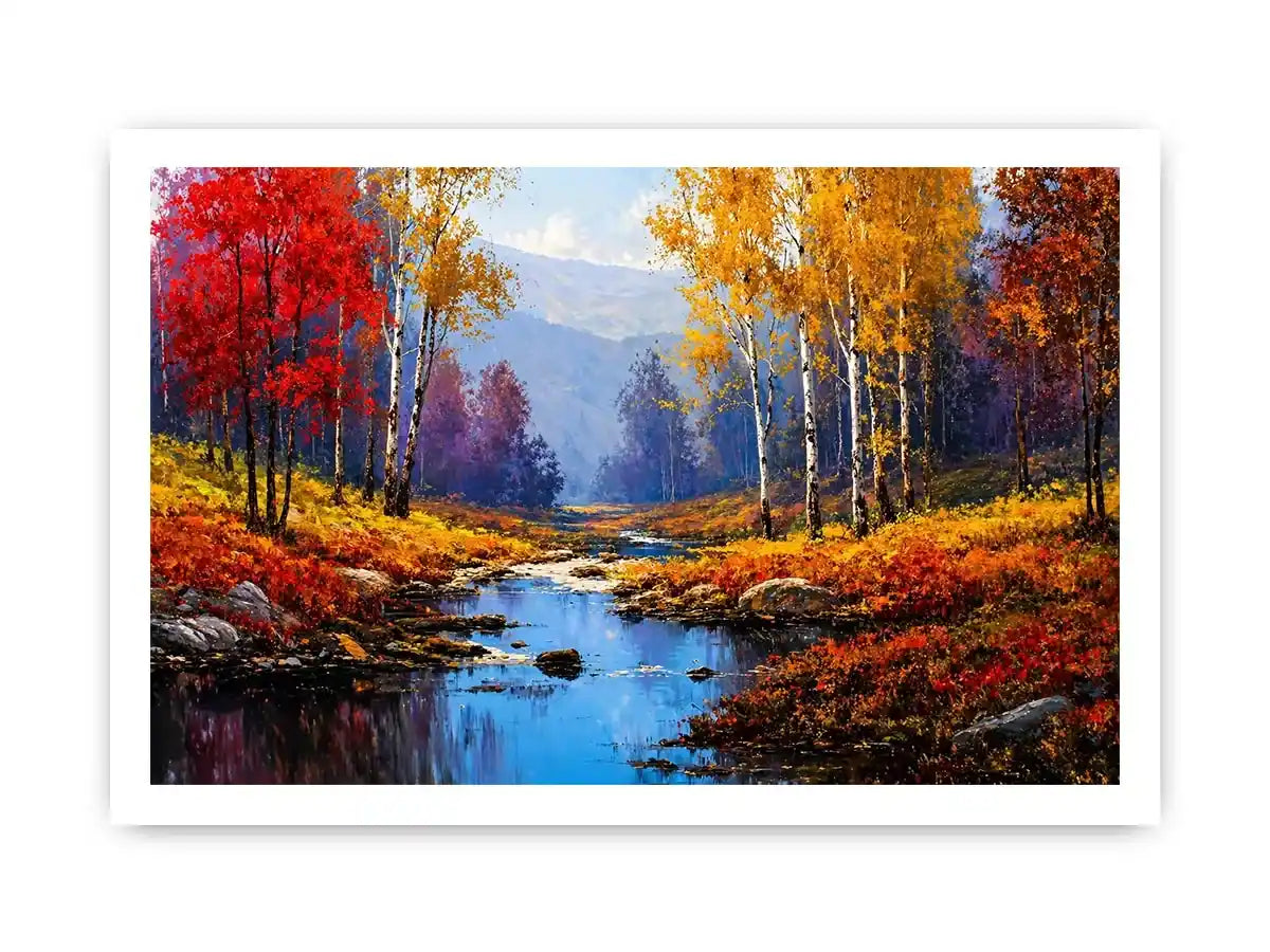 autumn forest river landscape warm glowing trees canvas wall art