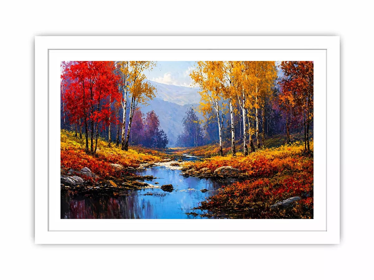 autumn forest river landscape warm glowing trees canvas wall art