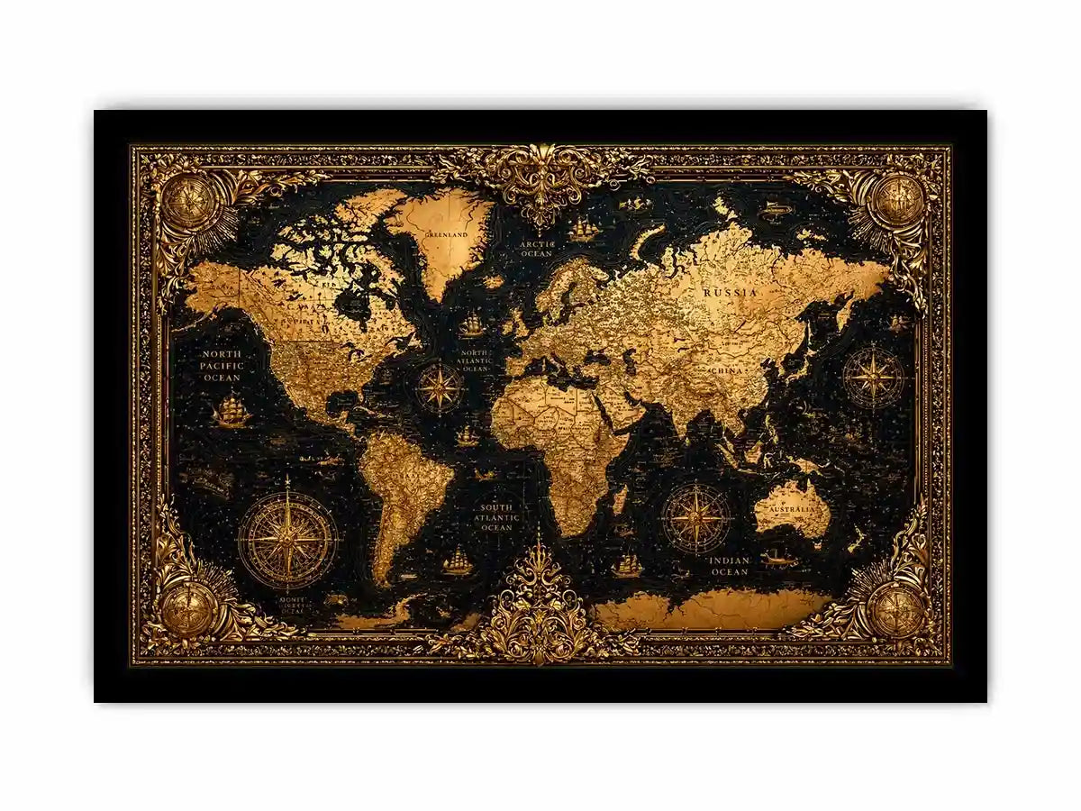 vintage world map gold wall art antique luxury canvas black gold decor