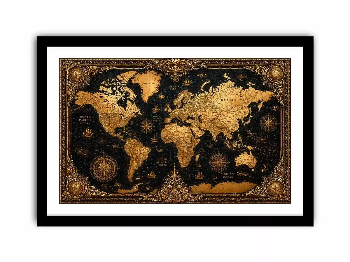 vintage world map gold wall art antique luxury canvas black gold decor