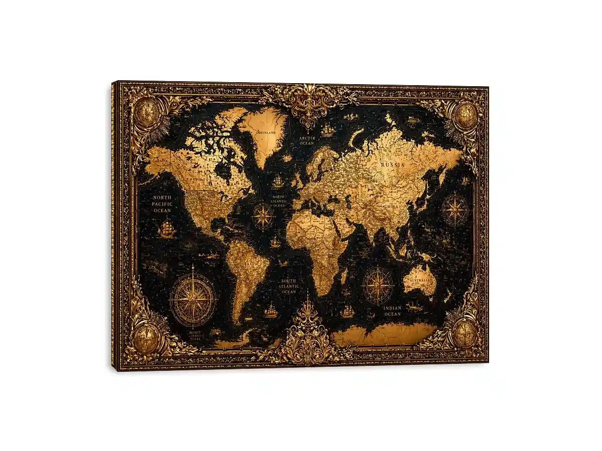 vintage world map gold wall art antique luxury canvas black gold decor
