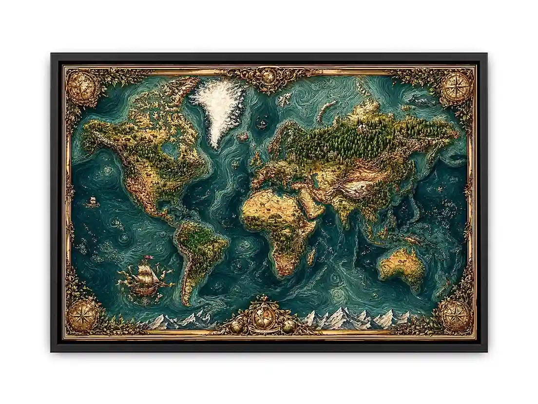 artistic world map textured wall art teal earthy vintage canvas decor
