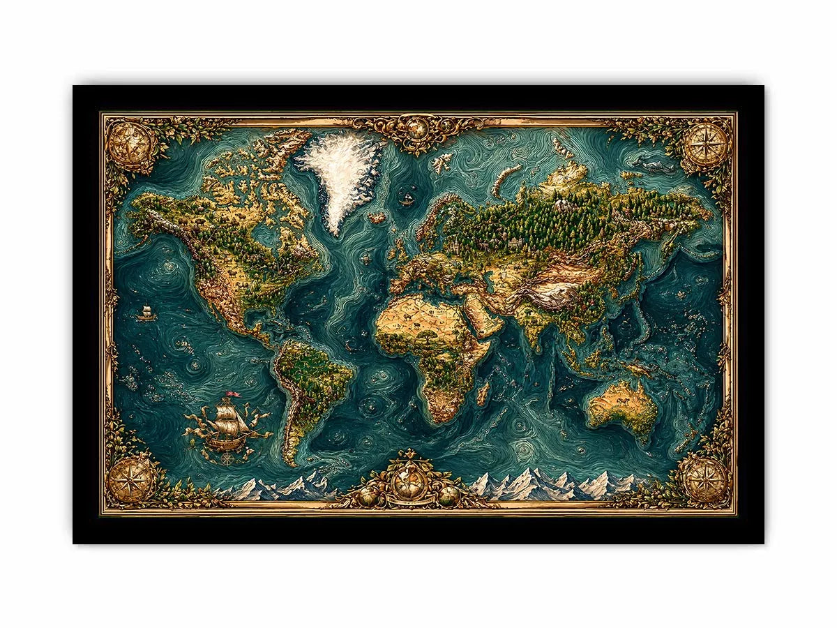 artistic world map textured wall art teal earthy vintage canvas decor