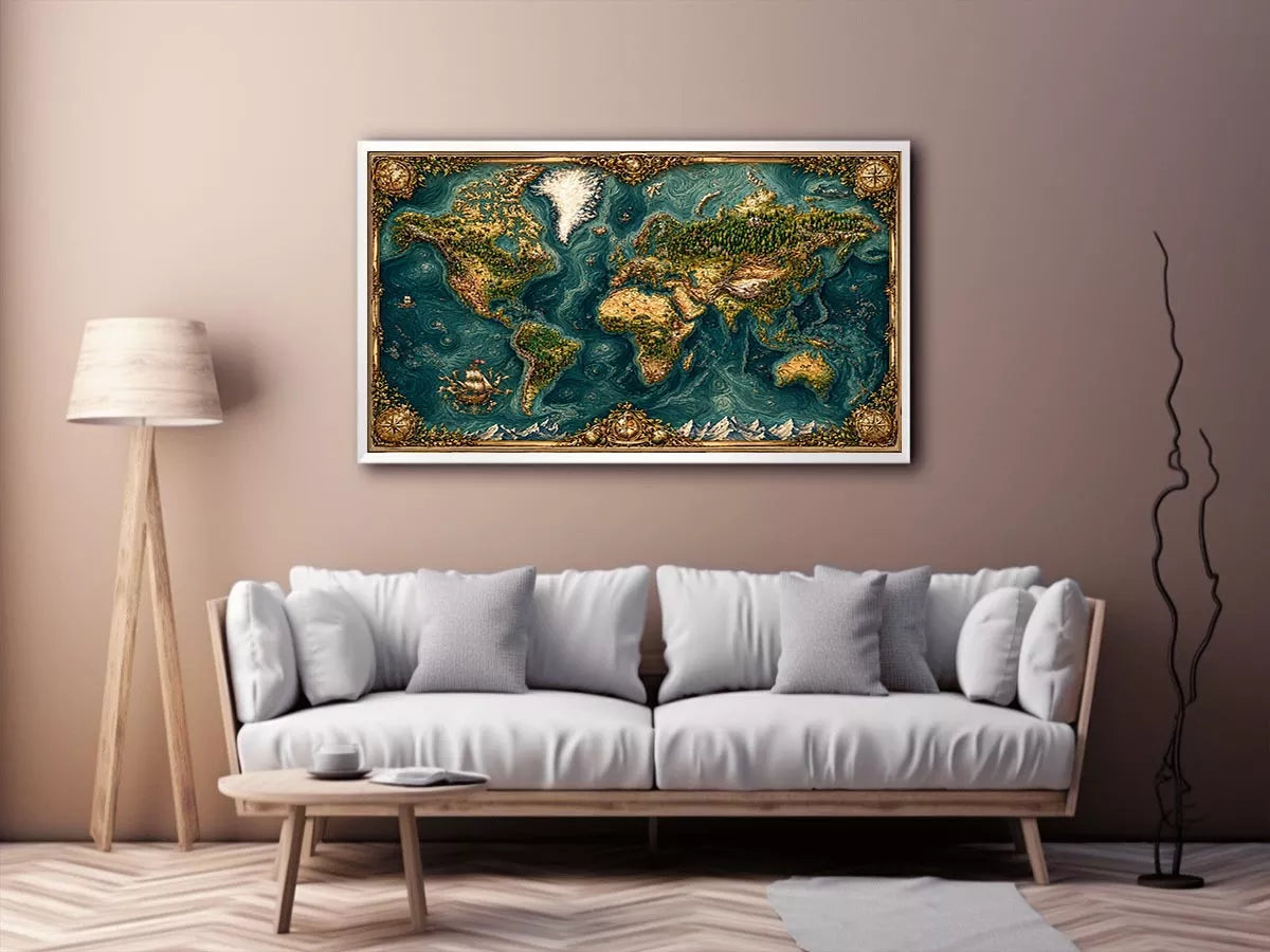 artistic world map textured wall art teal earthy vintage canvas decor