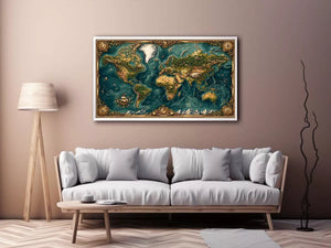 artistic world map textured wall art teal earthy vintage canvas decor