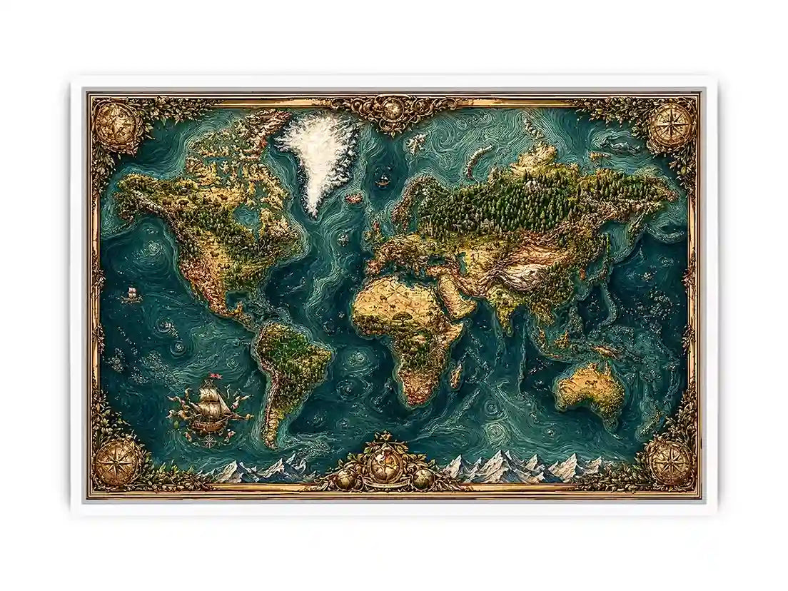 artistic world map textured wall art teal earthy vintage canvas decor