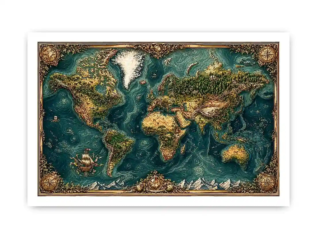 artistic world map textured wall art teal earthy vintage canvas decor