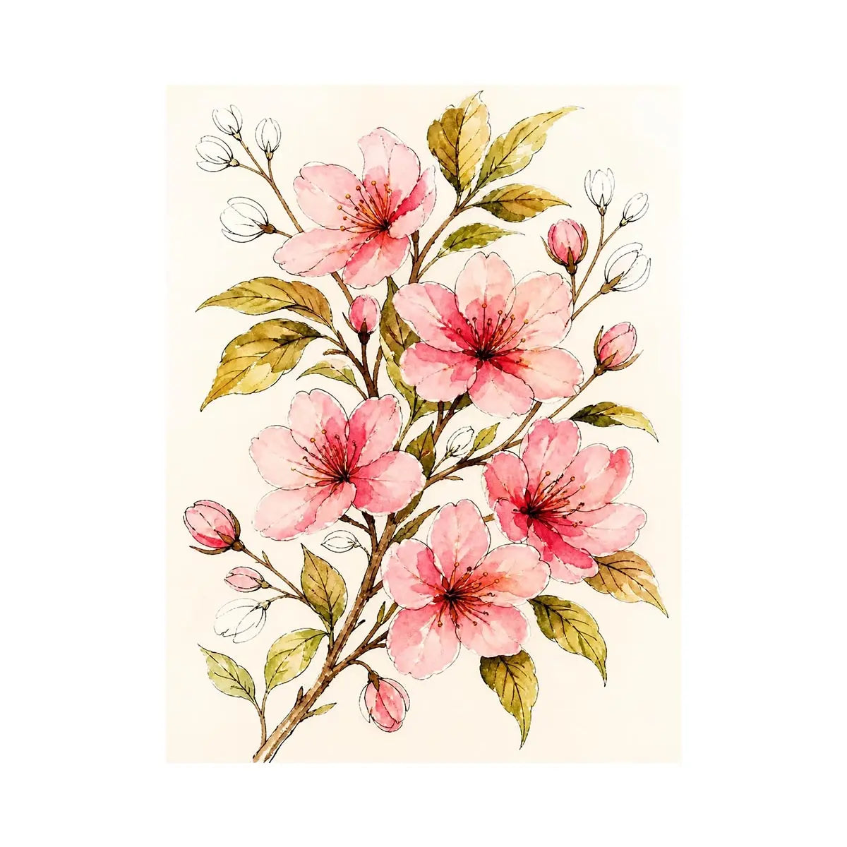 delicate cherry blossom floral wall art in soft pink watercolor style elegant botanical canvas for modern home decor