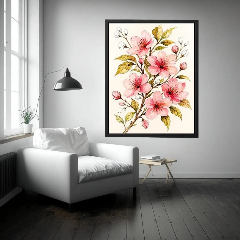 delicate cherry blossom floral wall art in soft pink watercolor style elegant botanical canvas for modern home decor