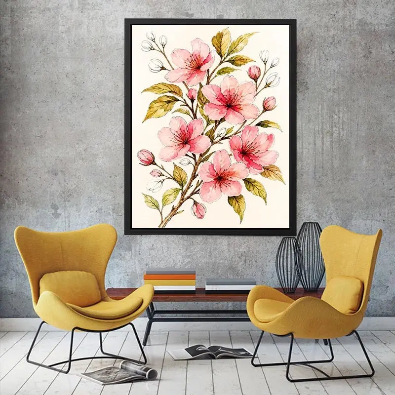 delicate cherry blossom floral wall art in soft pink watercolor style elegant botanical canvas for modern home decor