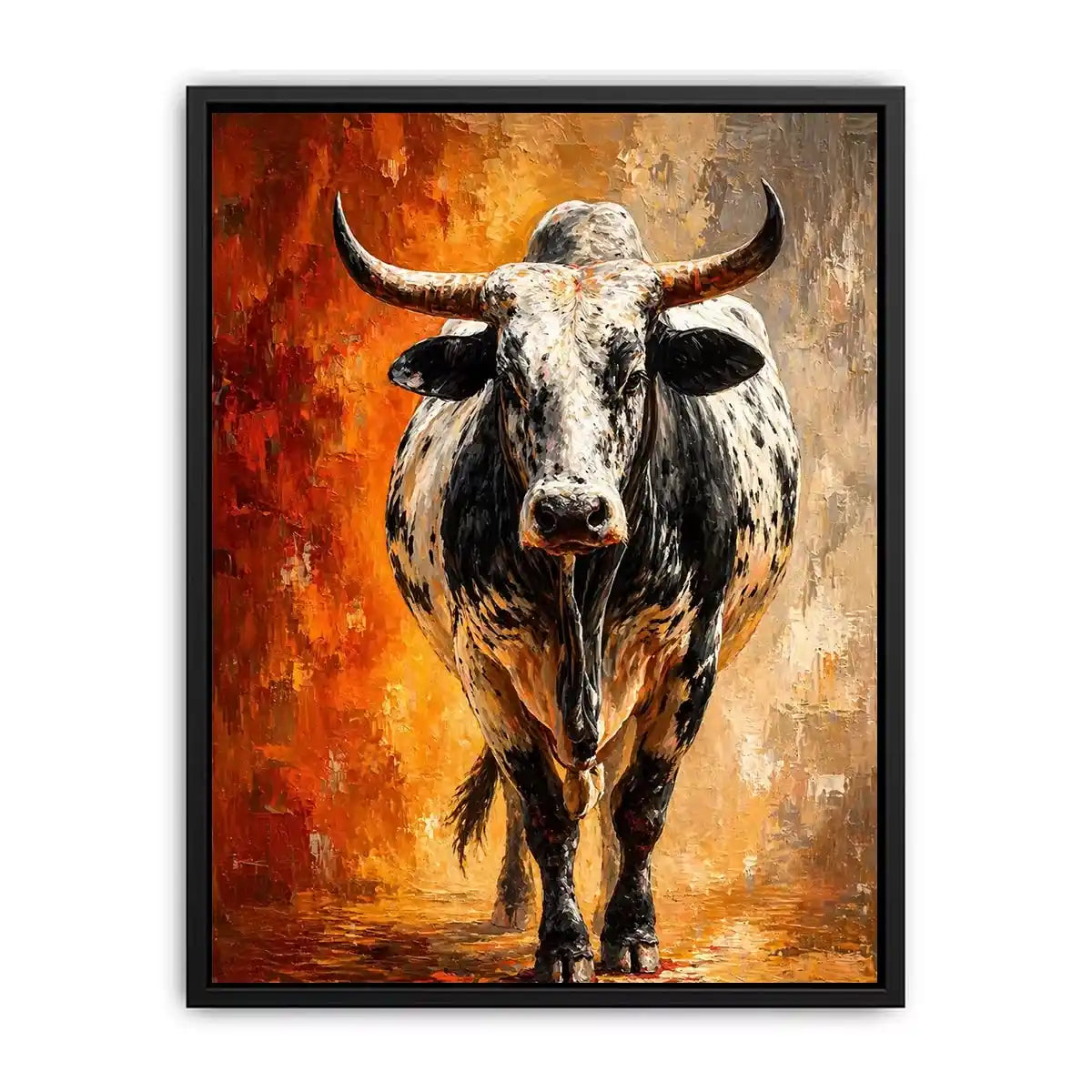 modern bull painting wall art textured animal canvas orange background decor