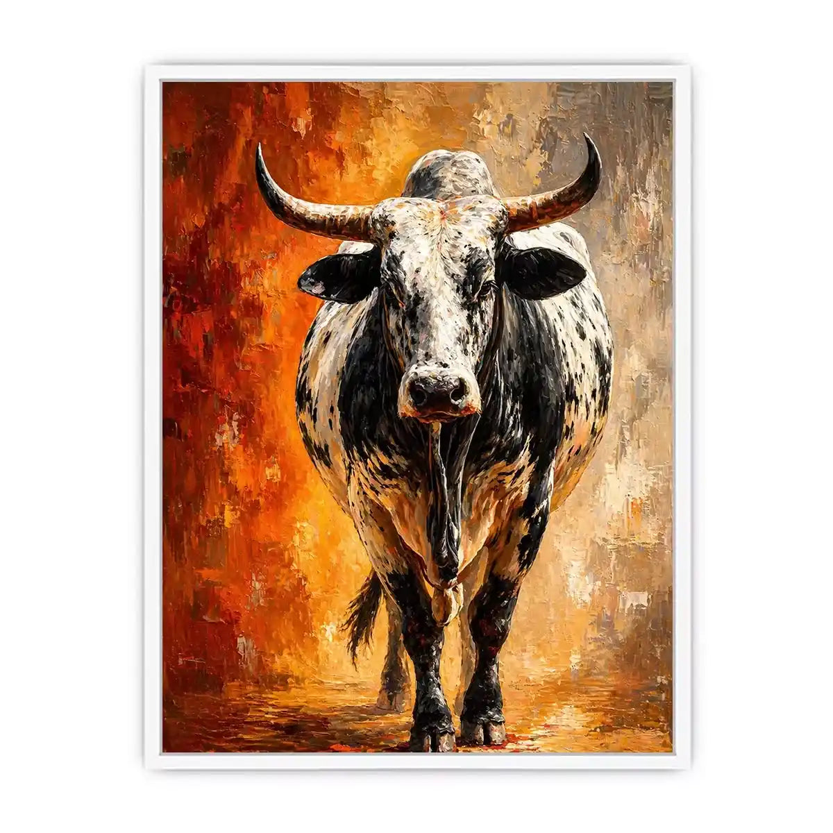 modern bull painting wall art textured animal canvas orange background decor
