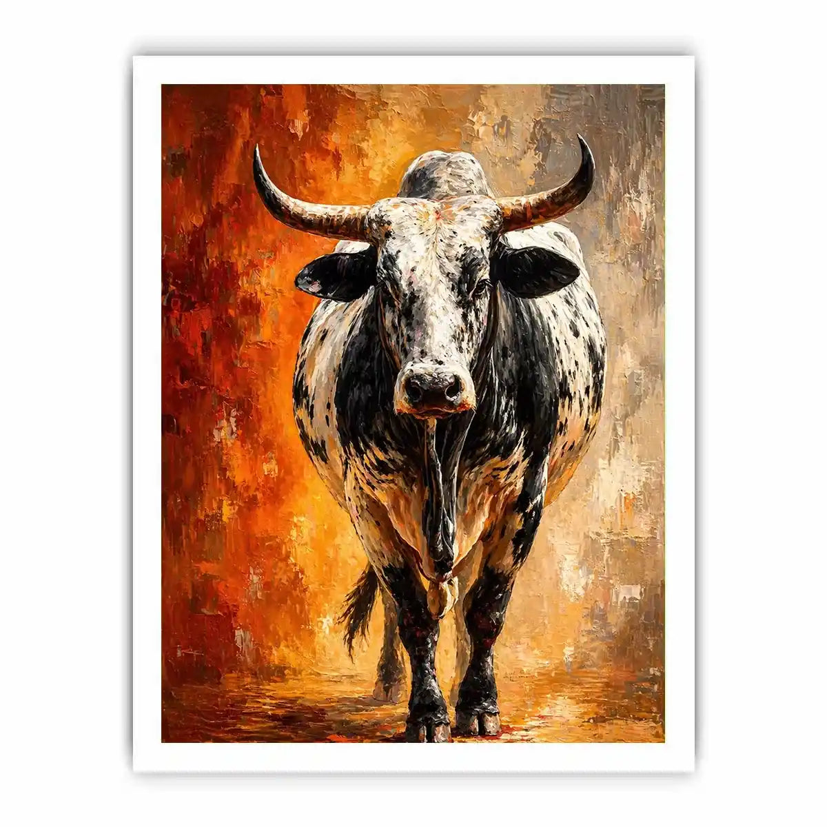 modern bull painting wall art textured animal canvas orange background decor