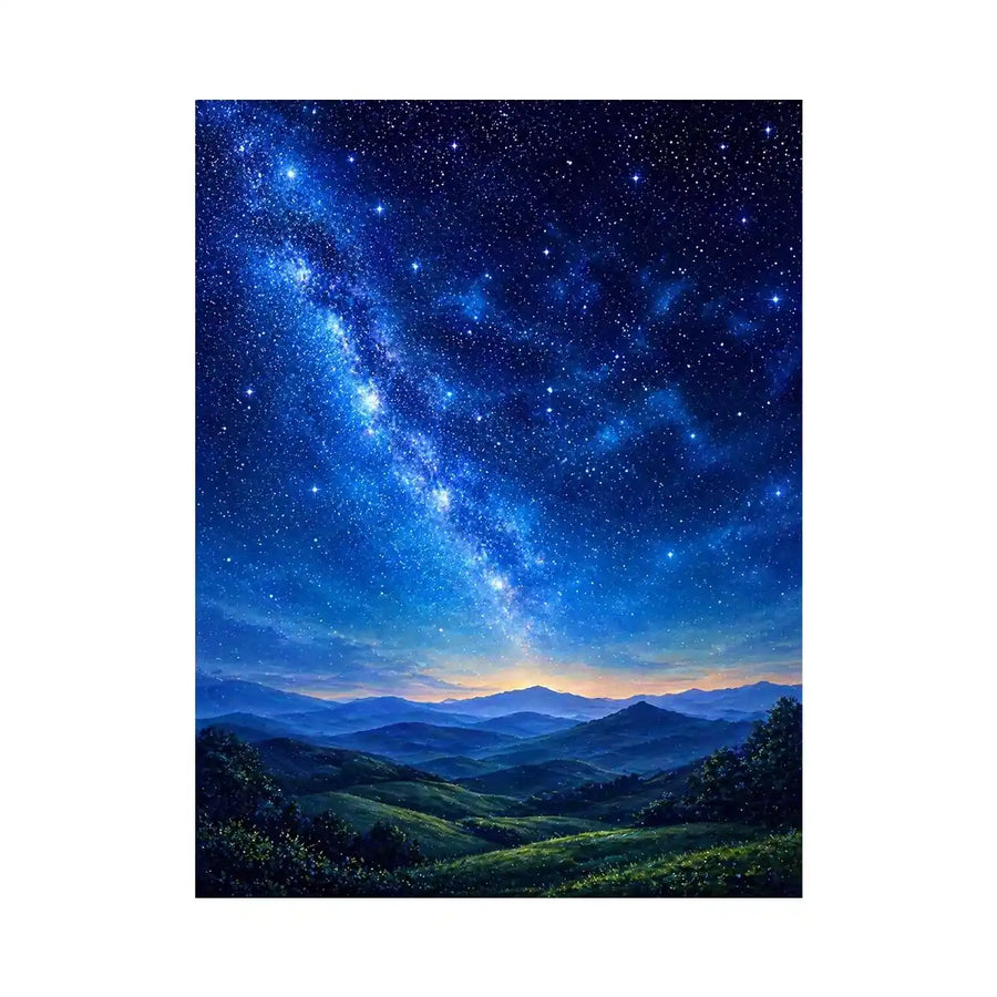starry night sky landscape wall art dreamy blue canvas peaceful decor
