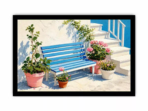 mediterranean bench wall art coastal blue white canvas floral decor