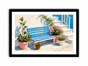 mediterranean bench wall art coastal blue white canvas floral decor