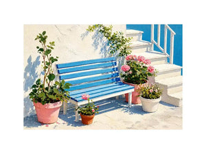 mediterranean bench wall art coastal blue white canvas floral decor