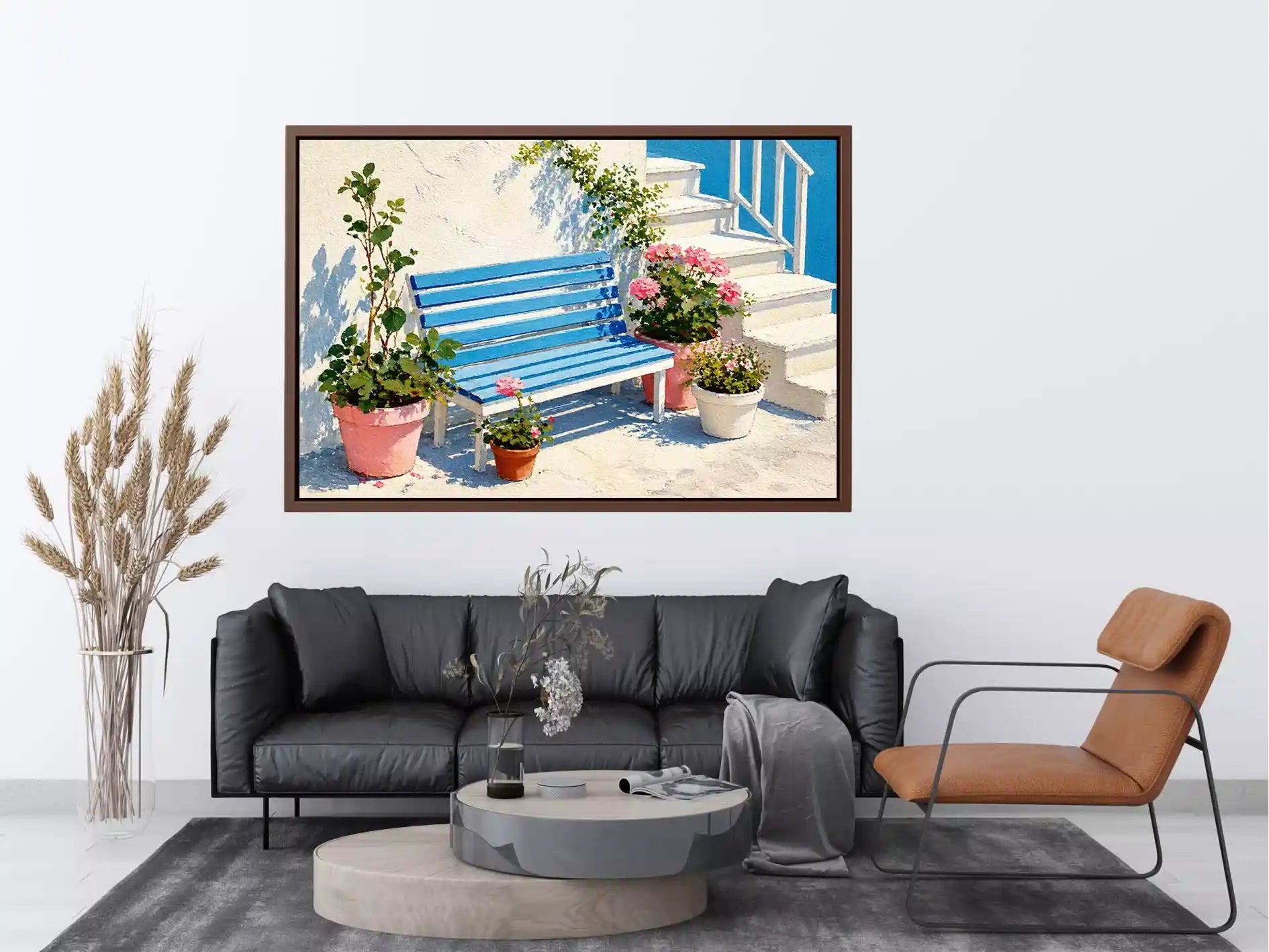 mediterranean bench wall art coastal blue white canvas floral decor