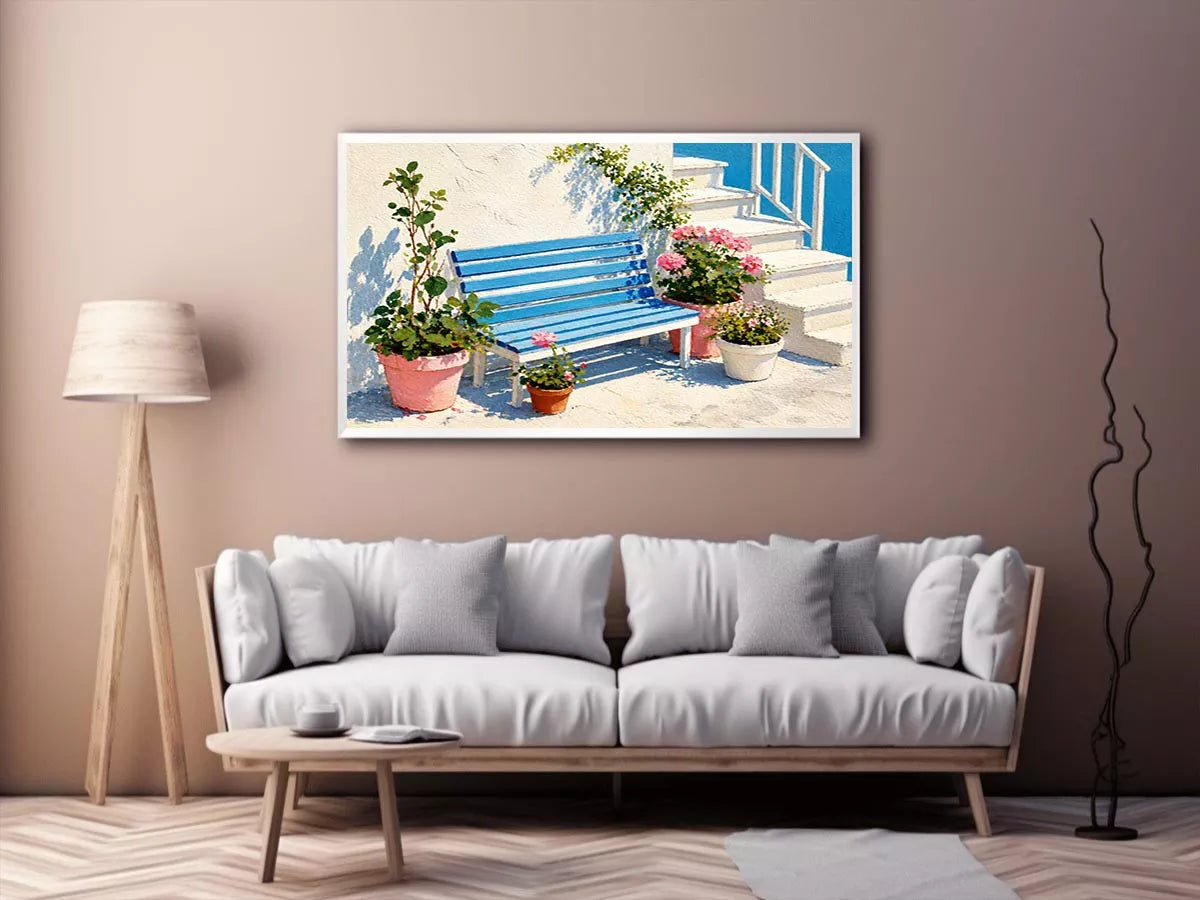 mediterranean bench wall art coastal blue white canvas floral decor
