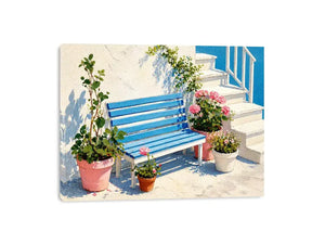 mediterranean bench wall art coastal blue white canvas floral decor