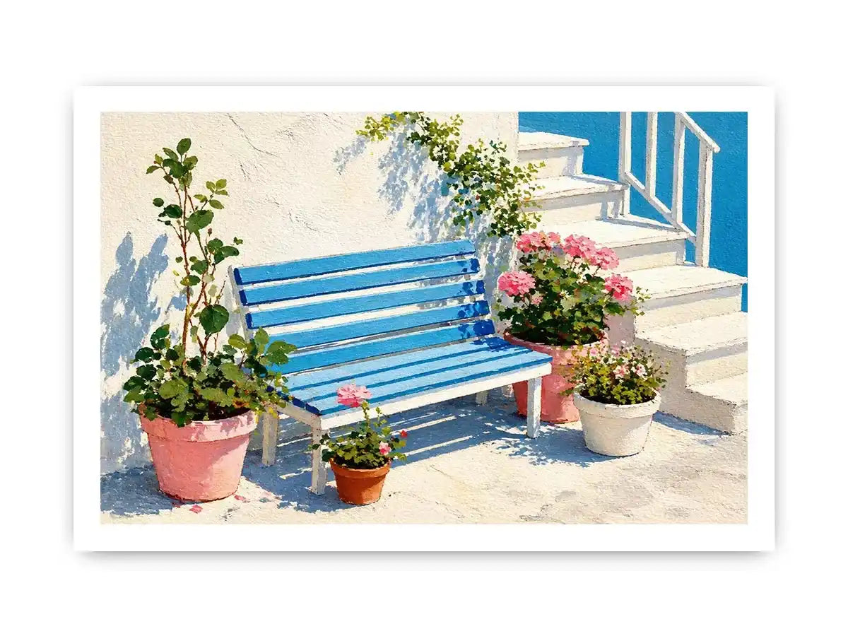 mediterranean bench wall art coastal blue white canvas floral decor