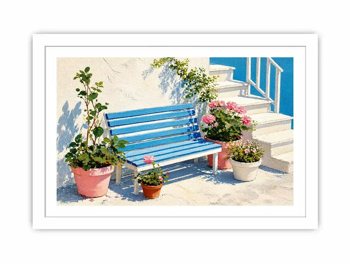 mediterranean bench wall art coastal blue white canvas floral decor
