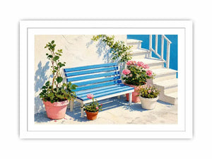 mediterranean bench wall art coastal blue white canvas floral decor