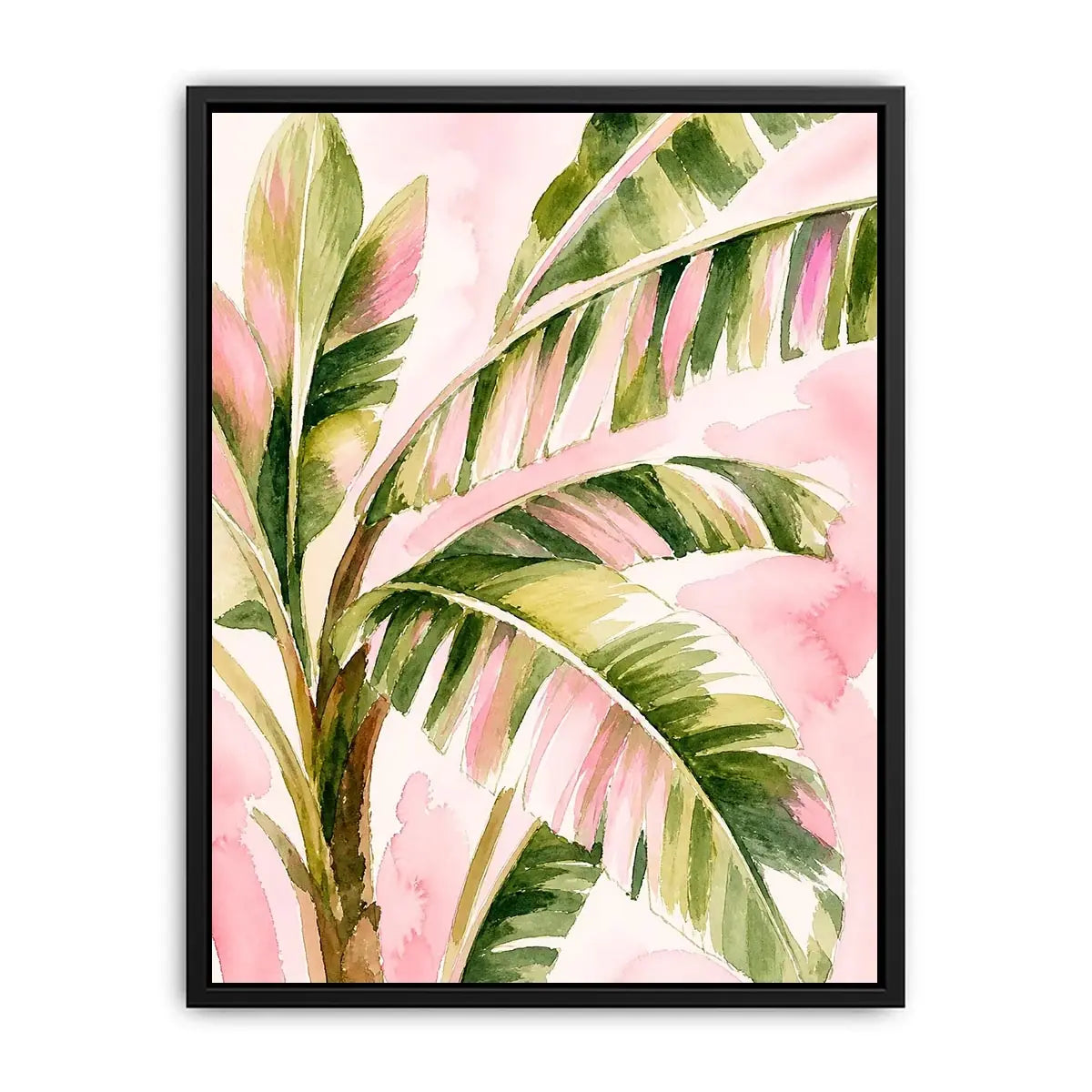 tropical palm leaves wall art in blush pink and green watercolor style elegant botanical canvas for modern home decor