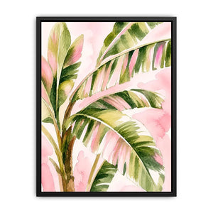 tropical palm leaves wall art in blush pink and green watercolor style elegant botanical canvas for modern home decor