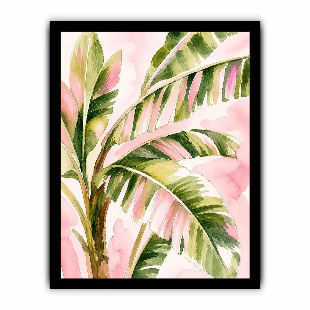 tropical palm leaves wall art in blush pink and green watercolor style elegant botanical canvas for modern home decor