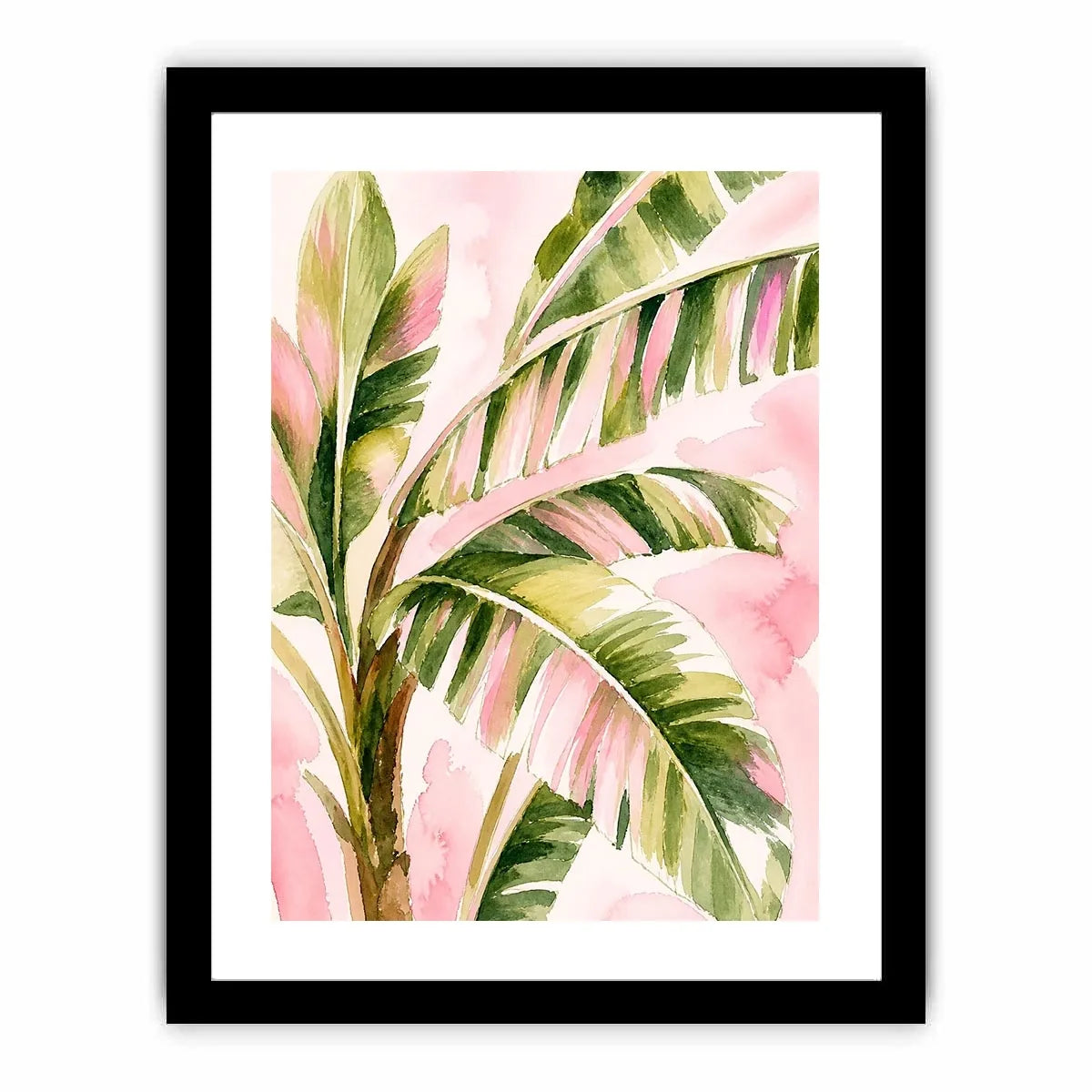 tropical palm leaves wall art in blush pink and green watercolor style elegant botanical canvas for modern home decor