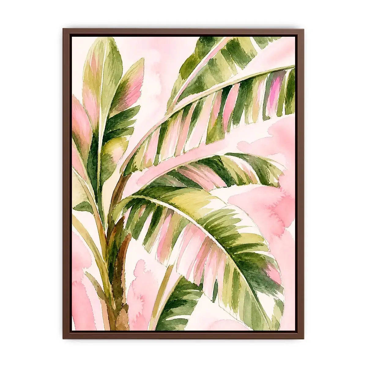 tropical palm leaves wall art in blush pink and green watercolor style elegant botanical canvas for modern home decor