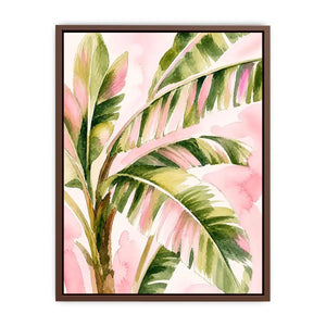 tropical palm leaves wall art in blush pink and green watercolor style elegant botanical canvas for modern home decor