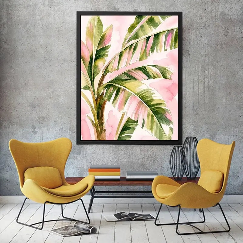 tropical palm leaves wall art in blush pink and green watercolor style elegant botanical canvas for modern home decor