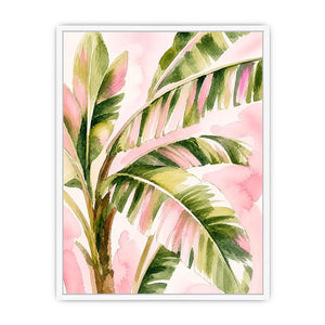 tropical palm leaves wall art in blush pink and green watercolor style elegant botanical canvas for modern home decor