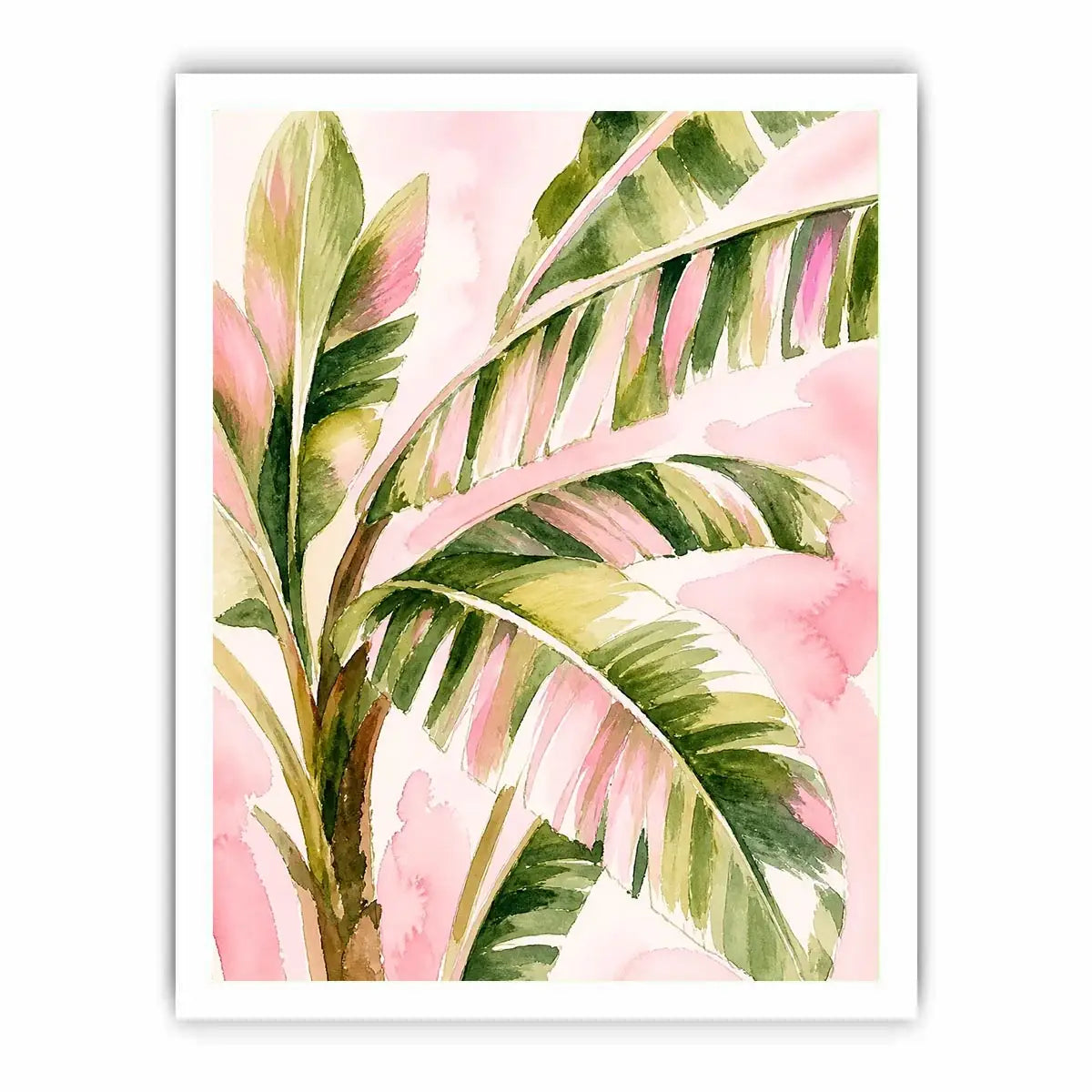 tropical palm leaves wall art in blush pink and green watercolor style elegant botanical canvas for modern home decor