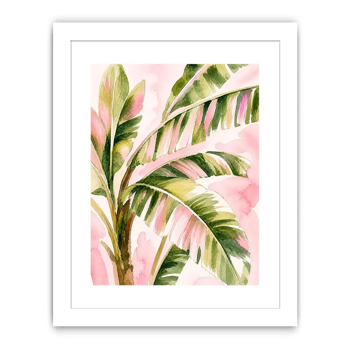 tropical palm leaves wall art in blush pink and green watercolor style elegant botanical canvas for modern home decor