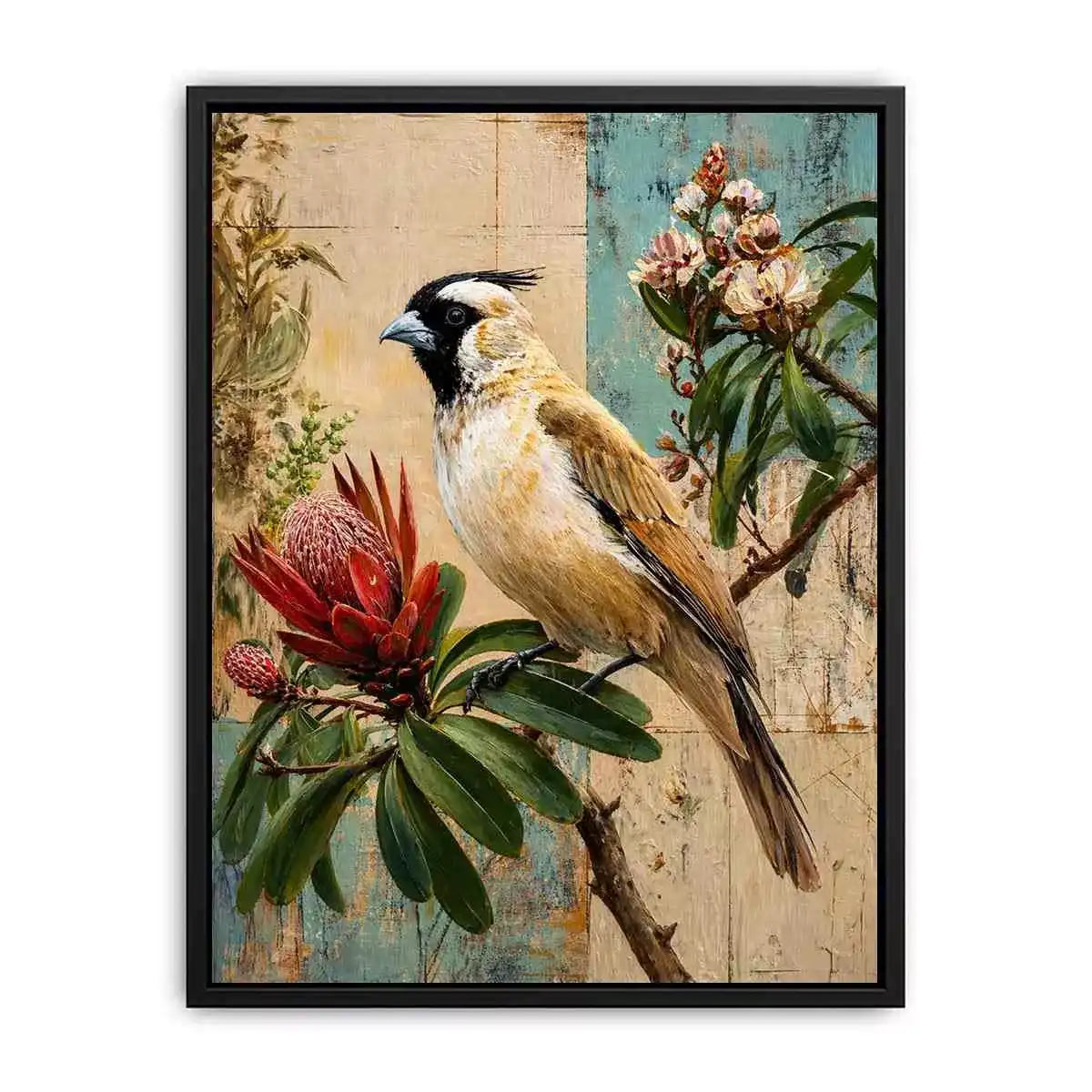 Botanical Magpie Bird Wall Art | Vintage Floral Nature Canvas