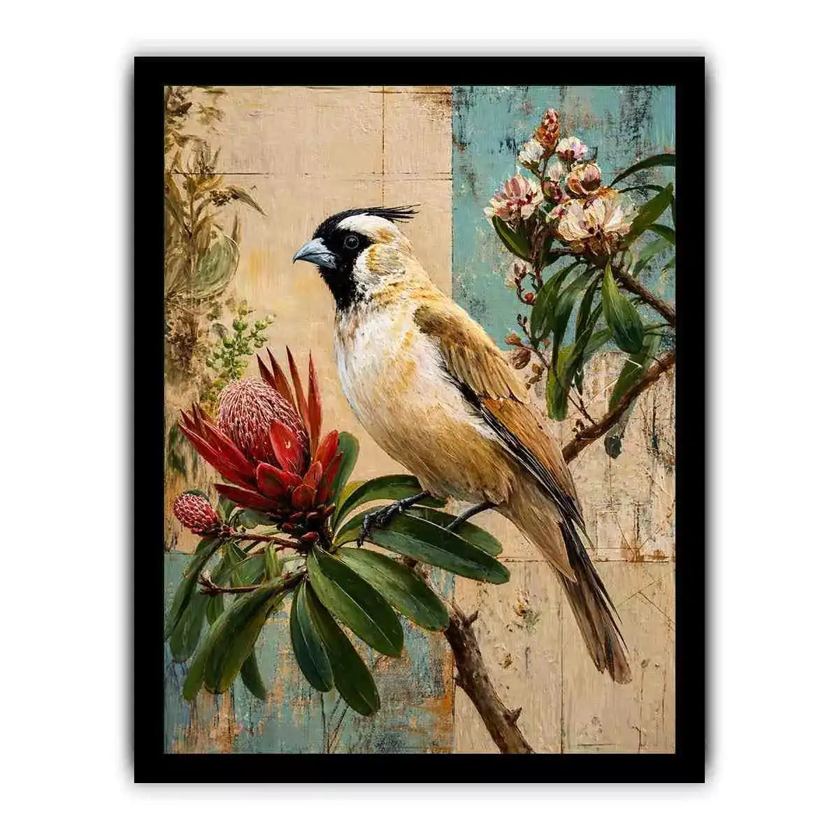 Botanical Magpie Bird Wall Art | Vintage Floral Nature Canvas